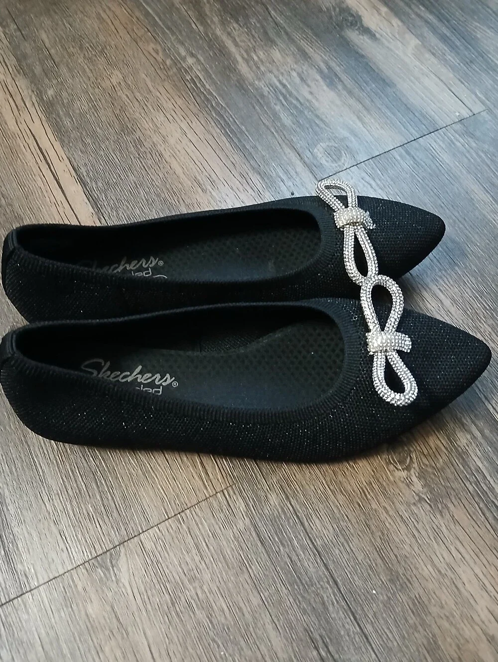 Skechers Black Pointed Toe Flats with Rhinestone Bow Accent
